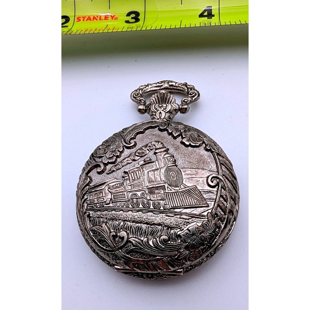 Geneva Pocket Watch Silver Tone Steam Train Locomotive Floral Antimagnetic
